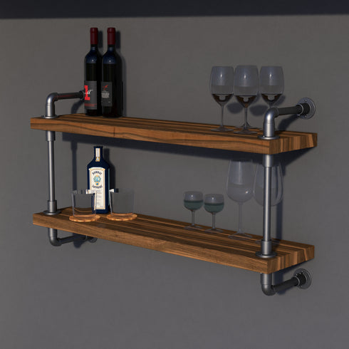 Double Shelf Industrial Home Bar Counter - Dark Oak