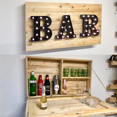 Rustic Wooden Drop Down Bar with Light Up Sign